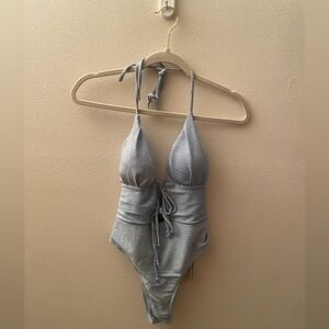 NWT Fashion Nova Blue Metallic Halter One-Piece swim suit